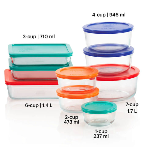 Glass Food Storage Set With Mixed Sizes And Lids, Round And Rectangular Containers, 18-Piece BPA Free, close-up of containers