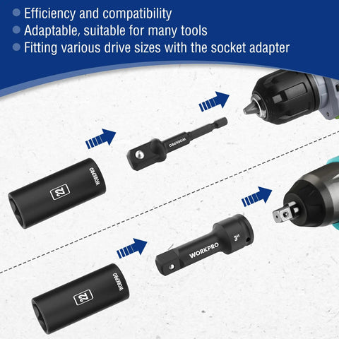 Beefy Half Inch Drive Deep Impact Socket Set with 6-Point Cr-V Steel Metric 10mm to 27mm and extensions shown in use with tools.