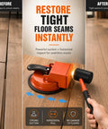 DIY Floor Gap Fixer Tool With Heavy Duty Vacuum Suction Cup For Vinyl Plank LVP Laminate Hardwood And Tile Floors No Fuss Gap Repairs Plank Gap Grabber Tool Only, orange floor seam repair tool with mallet and suction cup on wood floor