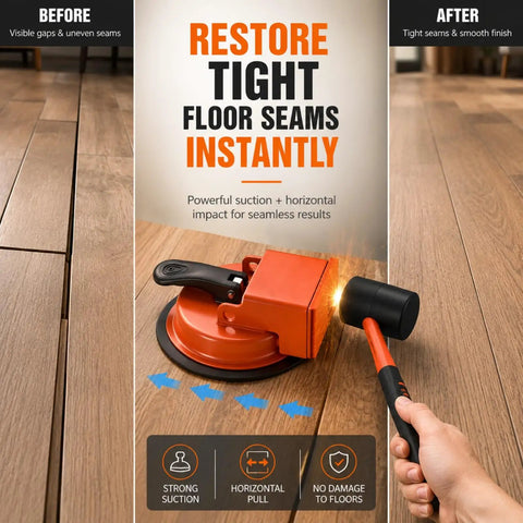 DIY Floor Gap Fixer Tool With Heavy Duty Vacuum Suction Cup For Vinyl Plank LVP Laminate Hardwood And Tile Floors No Fuss Gap Repairs Plank Gap Grabber Tool Only, orange floor seam repair tool with mallet and suction cup on wood floor