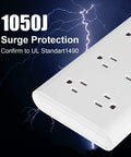 Close-up of 8 Outlet Power Strip With 6 Ft Extension Cord, 3 USB Ports, 1625W Surge Protector, 1050J Safety Rating, white color.