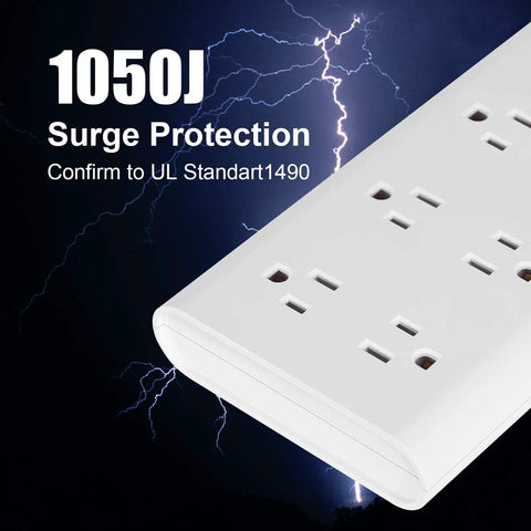 Close-up of 8 Outlet Power Strip With 6 Ft Extension Cord, 3 USB Ports, 1625W Surge Protector, 1050J Safety Rating, white color.