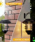 Outdoor Solar Lanterns With Hanging And Wall Mount Kit illuminating day and night on brick and wall surfaces.