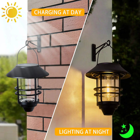 Outdoor Solar Lanterns With Hanging And Wall Mount Kit illuminating day and night on brick and wall surfaces.