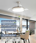Smooth Operator 42 Inch Retractable Ceiling Fan With Super Quiet Dc Motor And Heavy Duty Build Smart Remote Control Three Color Led Lighting Six Speed Settings For Bedroom Or Living Room Vibe Silver in a modern living room.