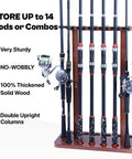 Wood Floor Standing Fishing Rod Storage Rack For Garage Holds Up To Fourteen Rods Or Combos Built Tough With 100 Percent Wood Construction Stable Double Column Design And Easy Access Rubber Clip Top