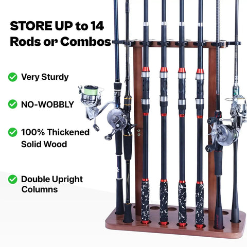 Wood Floor Standing Fishing Rod Storage Rack For Garage Holds Up To Fourteen Rods Or Combos Built Tough With 100 Percent Wood Construction Stable Double Column Design And Easy Access Rubber Clip Top