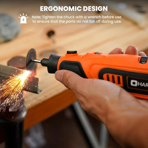 User operating a Badass 12V Cordless Rotary Tool Kit with 6 Variable Speeds Up To 25000 Rpm to cut metal, creating sparks.