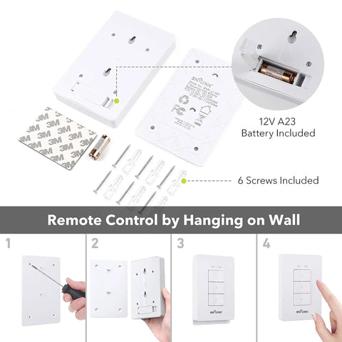 Mini Wireless Wall Mount Remote Outlet Switch Kit components with battery, screws, and mounting guide for household appliances.