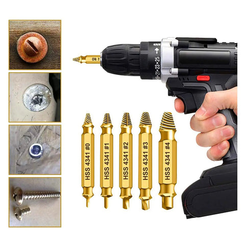 Five-Piece Double-Ended Screw Extractor And Drill Bit Set, 2mm To 14mm, Gold Titanium Coated in hand with power drill