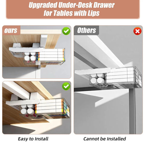 Image comparing installation of 3 Pack Clear Under Desk Slide Out Organizers With Dual Adhesive Or Screw Mount Installation.
