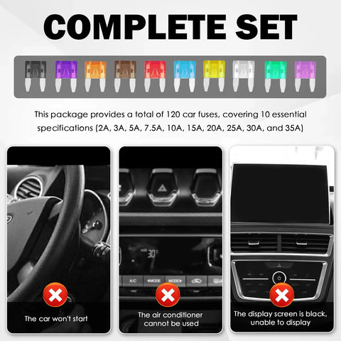 Complete set of 120 Piece Car Fuses Assortment Kit With 10 Amperage Levels From 2A To 35A Plus Fuse Tester And Puller Tool shown