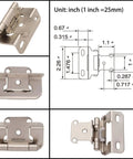 Two Pack Antique Steel Cabinet Hinges For Kitchen Doors One Half Inch Overlay Half Hide Design shown with measurements