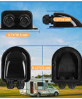 Dual Cable Entry Gland For Solar Panels IP68 Waterproof Weatherproof Housing Fits 6 To 12mm Cables For RVs Campers Boats And Cabins Black Heavy Duty Industrial ABS Plastic Recyclable And Rugged, dimensional diagram against outdoor backdrop
