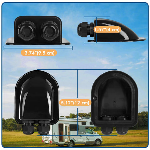 Dual Cable Entry Gland For Solar Panels IP68 Waterproof Weatherproof Housing Fits 6 To 12mm Cables For RVs Campers Boats And Cabins Black Heavy Duty Industrial ABS Plastic Recyclable And Rugged, dimensional diagram against outdoor backdrop