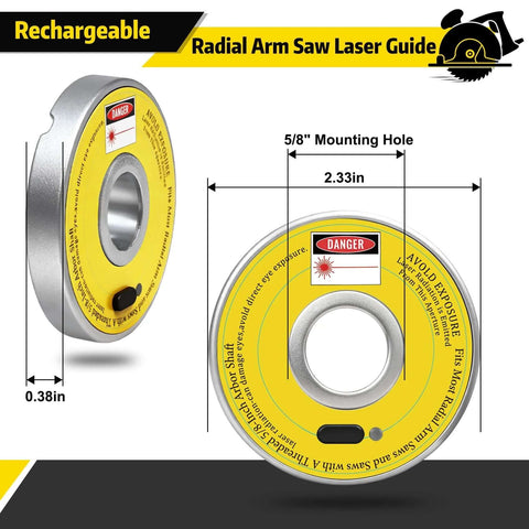 Front and side view of Amazon rechargeable radial arm saw laser guide, yellow round housing with 5/8-inch mounting hole.