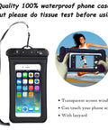 Waterproof phone pouch with lanyard shows phone screen and test instructions for Built Tough Waterproof Dry Bag Backpack 5L To 40L