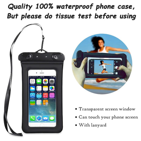 Waterproof phone pouch with lanyard shows phone screen and test instructions for Built Tough Waterproof Dry Bag Backpack 5L To 40L