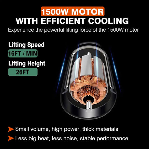 1500W motor detail showcasing efficient cooling for Dremvoist 3 In 1 Electric Hoist Winch 1100 Lbs Pulling Power With Wireless Remote Control 26 Ft Lifting Height.