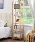 Five Tier Tall Narrow Bookshelf Takes Up Zero Floor Space While Holding All Your Favorites In A Smooth Natural Finish fits against a wall in a bedroom.