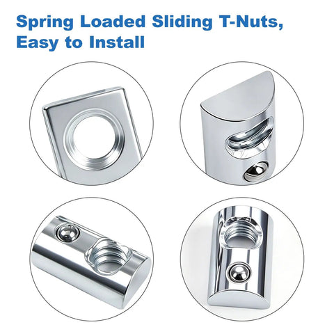 Close-up views of 24-Pack 1-4-20 Threaded Roll-In T-Nuts With Ball Springs in zinc finish for easy installation.