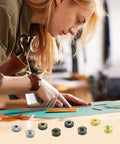 Person working on leathercraft with 100 sets leather snap fasteners kit with 10mm metal snaps, 4 install tools, and 4 colors.