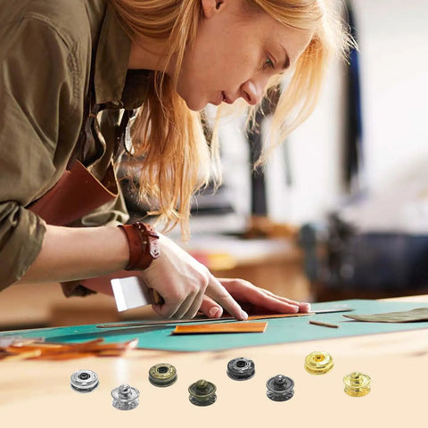Person working on leathercraft with 100 sets leather snap fasteners kit with 10mm metal snaps, 4 install tools, and 4 colors.