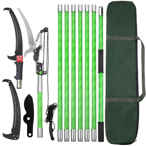 Extendable 27 Feet Tree Pole Pruner With Adjustable Height Manual Branch Trimmer And Loppers displayed with tools and green poles