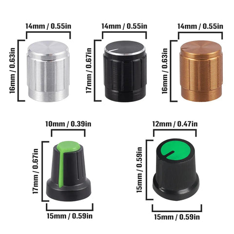Assorted knobs for Potentiometer Kit 1K 2K 5K 10K 20K 50K 100K 250K 500K 1M Ohm With 15mm Shaft Includes Plum Cap and Aluminum Knobs
