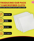 Microfiber Glass Cleaning Cloths Set, 6-Pack, Lint-Free And Reusable, white cloths on yellow background with benefits icons