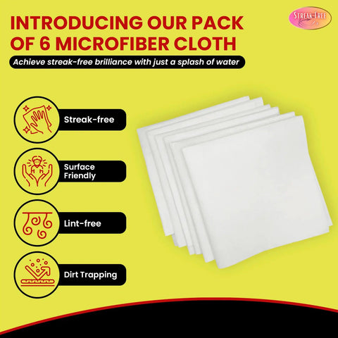 Microfiber Glass Cleaning Cloths Set, 6-Pack, Lint-Free And Reusable, white cloths on yellow background with benefits icons