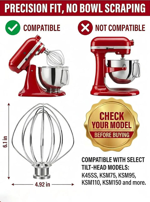 Diagram showing Six-Wire Whisk Attachment For Tilt-Head Mixers, Replacement For 4.5-Quart And 5-Quart Models with compatibility guide.