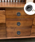 Flush Ring Pull Handles Set Of 3 In Black 35mm 1.38 Inch Zinc Alloy Flush Pull Latch installed on wooden drawers