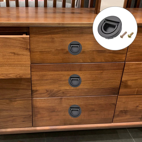 Flush Ring Pull Handles Set Of 3 In Black 35mm 1.38 Inch Zinc Alloy Flush Pull Latch installed on wooden drawers