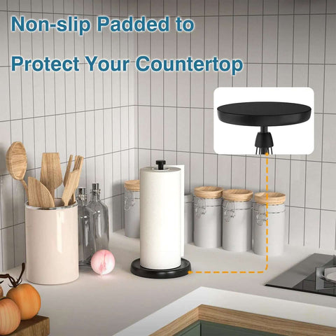 One Hand Tear Paper Towel Holder For Countertop Black Stainless Steel With Weighted Base displayed in kitchen setting