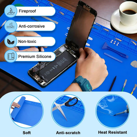 Using Extra Large Soldering Mat With ESD Wrist Strap And Grounding Kit for phone repair on heat resistant silicone pad