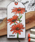 Cute Chamomile Silicone Clear Stamp And Die Set For Card Making And Scrapbooking tag with orange flowers and 'xoxo' text