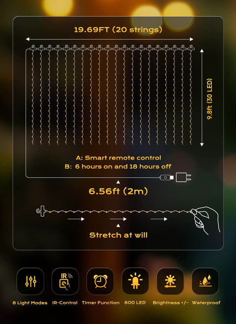 Diagram showing 600 LED Curtain String Lights With Remote, 20 Ft Hanging, 8 Modes, dimensions, setup details