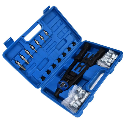 Awesome GFSGHZZ Hand Riveter Tool Set With Auto Locking Mechanism And 126 Piece Rivet Kit For M3 To M12 Fasteners Perfect For DIY Pros and Home Projects blue case with rivet tool and bits