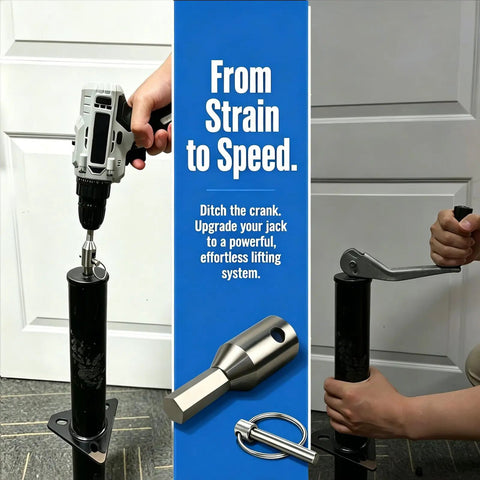 Heavy Duty Stainless Steel Trailer Jack Drill Adapter For Half Inch Jack Drive Shaft attached to a power drill for effortless lifting.