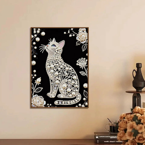 Cat Themed Pearl Diamond Painting Kit For Adults And Beginners, Sparkling Crystal Gem Wall Art Home Decor 11.81 By 15.75 Inches featuring a pearl cat design on a canvas, hanging in a cozy room interior.