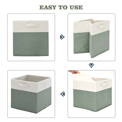 13x13 Fine Linen Storage Bins With Handles, Fabric Cube Boxes For Shelves And Closets, White And Green 4 Pack