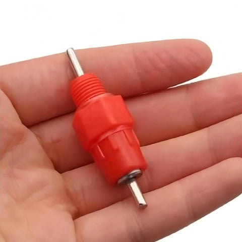 20 Pack Automatic Poultry Water Dispenser With Slick Stainless Steel Nipple Drinkers, red nipple in a hand for easy setup.