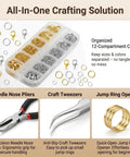All In One Jewelry Making Kit With 1200 Pcs Small Open Jump Rings In Gold And Silver Assorted Sizes plus pliers, opener, tweezers