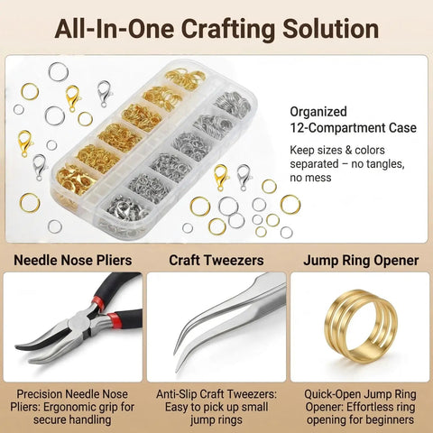 All In One Jewelry Making Kit With 1200 Pcs Small Open Jump Rings In Gold And Silver Assorted Sizes plus pliers, opener, tweezers