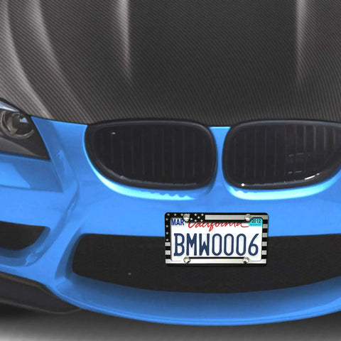 Front view of car with American Flag Aluminum License Plate Frame With Anti Rattle Foam Pad And Screws For Cars And Trucks