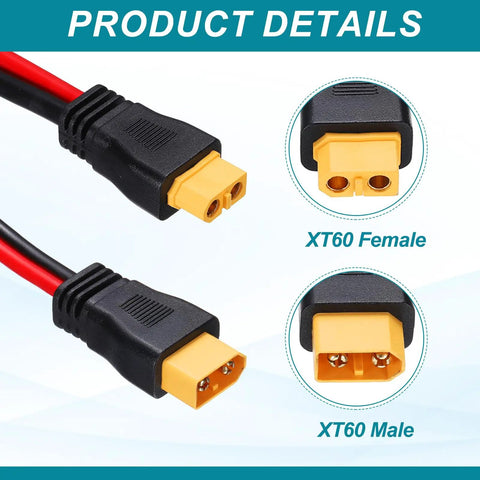 XT60 Extension Cable 1Ft 14AWG Beefy Male To Female Connector For RC Battery FPV Drone Solar Panel Portable Power Station