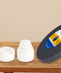 Reducing Bushing Adapters For Bench Grinding Wheels 8 Piece Kit 2 Sets, white plastic adapters beside a bench grinding wheel