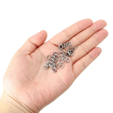 Premium Grade Built Tough 100 Pack 4mm 304 Stainless Steel Split Lock Washers in hand, showcasing durability and versatility.