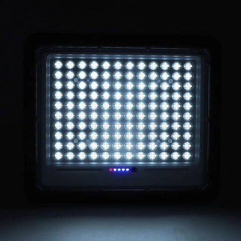 Mingzhe Solar Flood Light 400W, Monocrystalline Panel showing illuminated LED panel with bright white lights.